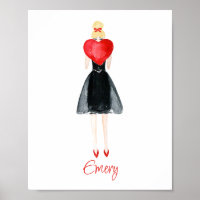 Wasserfarbenherz-Fashion Girl Poster
