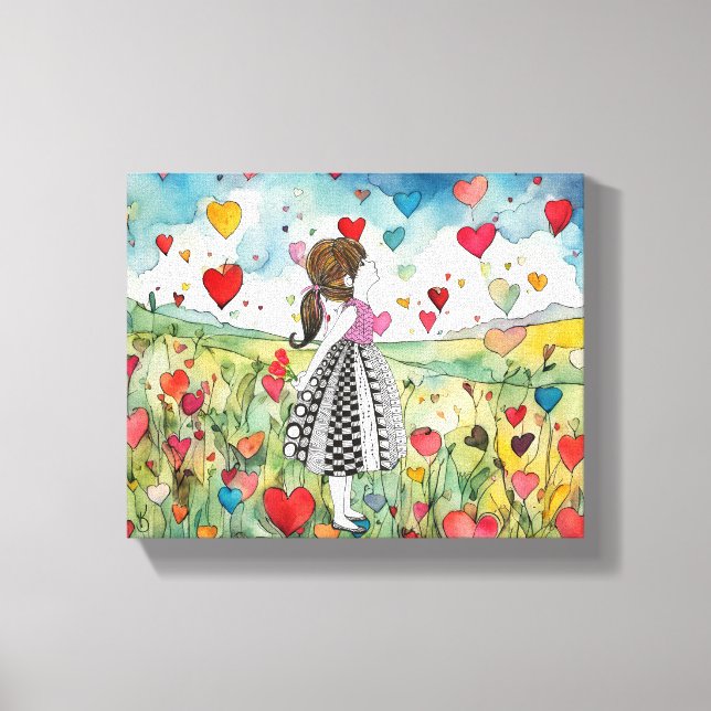 Wasserfarbenherzen und ein kleines Mädchen Leinwanddruck (Vorderseite)