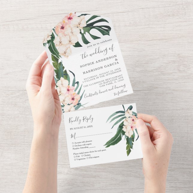 Wasserfarbenhochzeit in tropischem Rosa All In One Einladung (Abreißen)