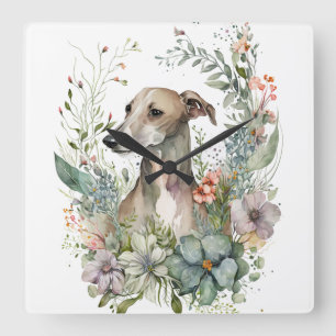 WASSERFARBENHUND MIT WILDBLUMEN QUADRATISCHE WANDUHR