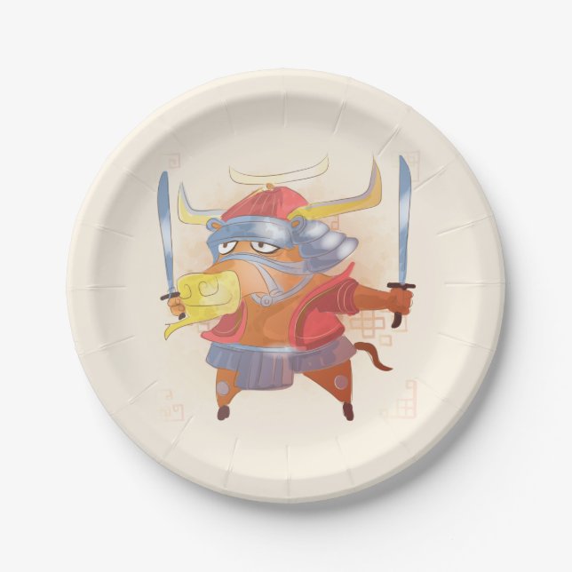 Wasserfarbenjahr des Ochsen, Samurai Pappteller (Vorderseite)
