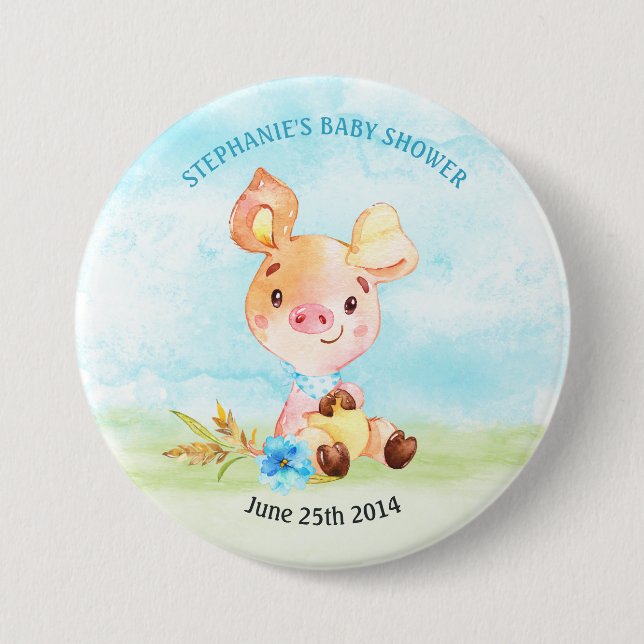Wasserfarbenjunge Piggy Baby-Duschfarm Button (Vorderseite)