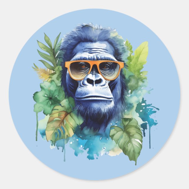 WasserfarbenJungle Gorilla mit Sonnenbrille und Bl Runder Aufkleber (Vorderseite)