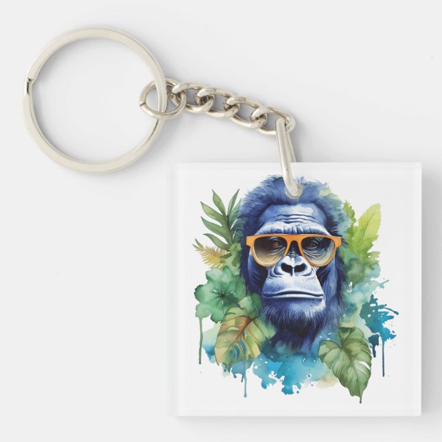 WasserfarbenJungle Gorilla mit Sonnenbrille und Bl Schlüsselanhänger (Vorderseite)