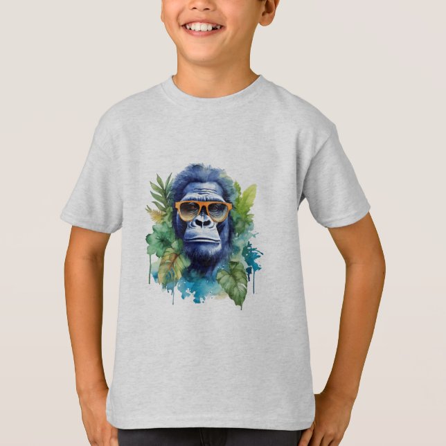 WasserfarbenJungle Gorilla mit Sonnenbrille und Bl T-Shirt (Vorderseite)