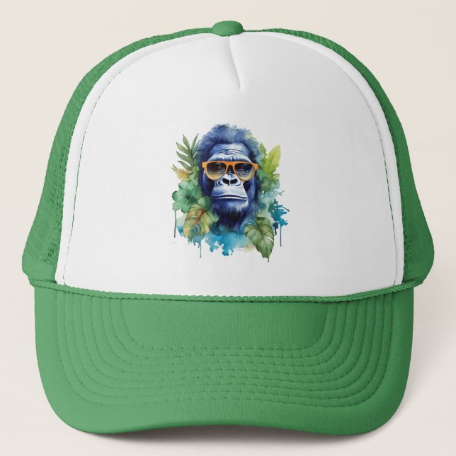 WasserfarbenJungle Gorilla mit Sonnenbrille und Bl Truckerkappe (Vorderseite)
