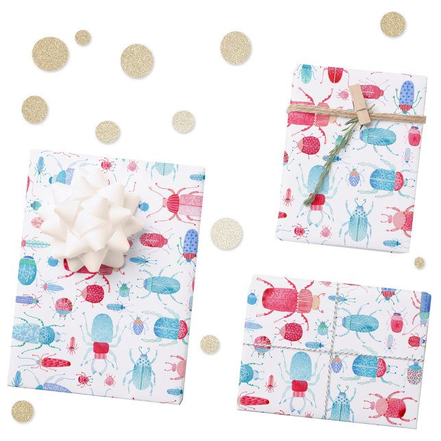 Wasserfarbenkäfer Geschenkpapier Set (Watercolor bugs and beetles pattern gift wrapping paper sheets)