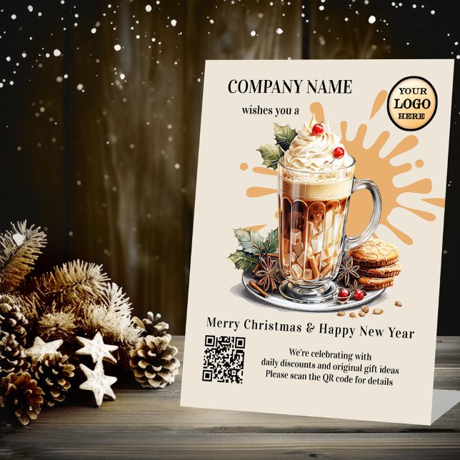 Wasserfarbenkaffee Weihnachtslogo Sockelschild (Christmas business tabletop sign template featuring a festive watercolor painting of a coffee)