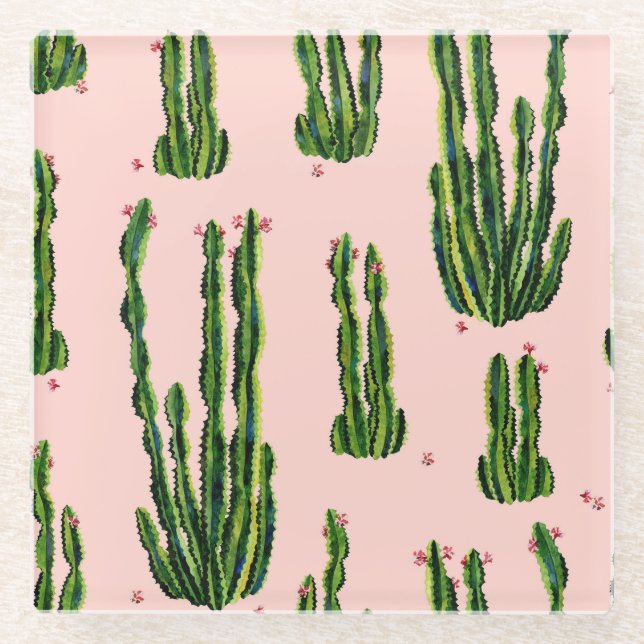 Wasserfarbenkakti: Blühendes nahtloses Muster Glasuntersetzer (Vorderseite)
