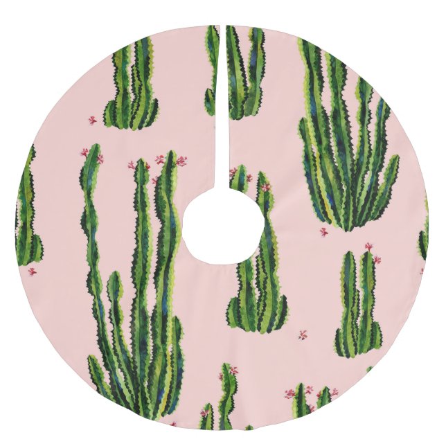 Wasserfarbenkakti: Blühendes nahtloses Muster Polyester Weihnachtsbaumdecke (Vorderseite)