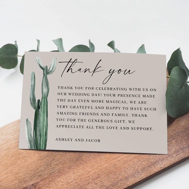 Wasserfarbenkaktus Hochzeit. Light Taupe Gray Wüst Dankeskarte (Von Creator hochgeladen)