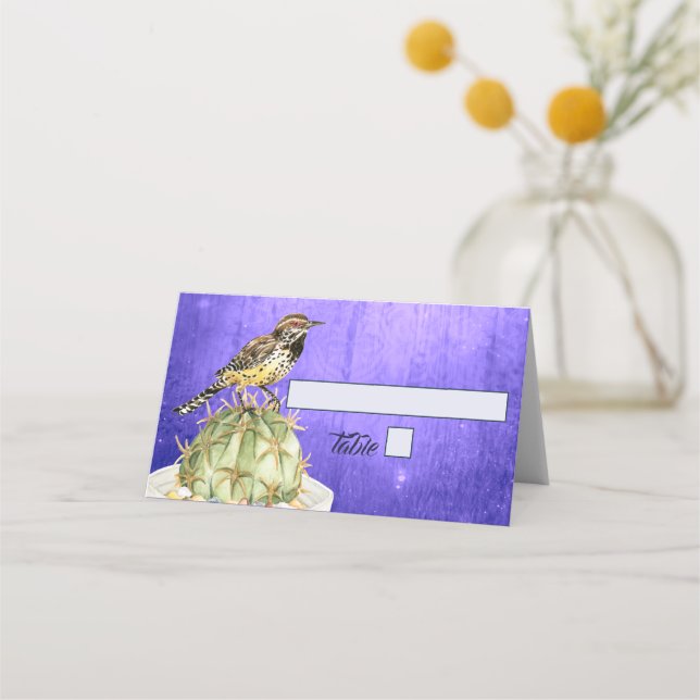 Wasserfarbenkaktus mit Wren Bird Wedding Platzkarte (Vorderseite)