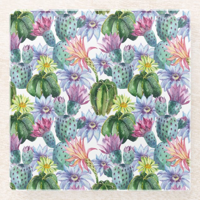 Wasserfarbenkaktus-Muster Glasuntersetzer (Vorderseite)