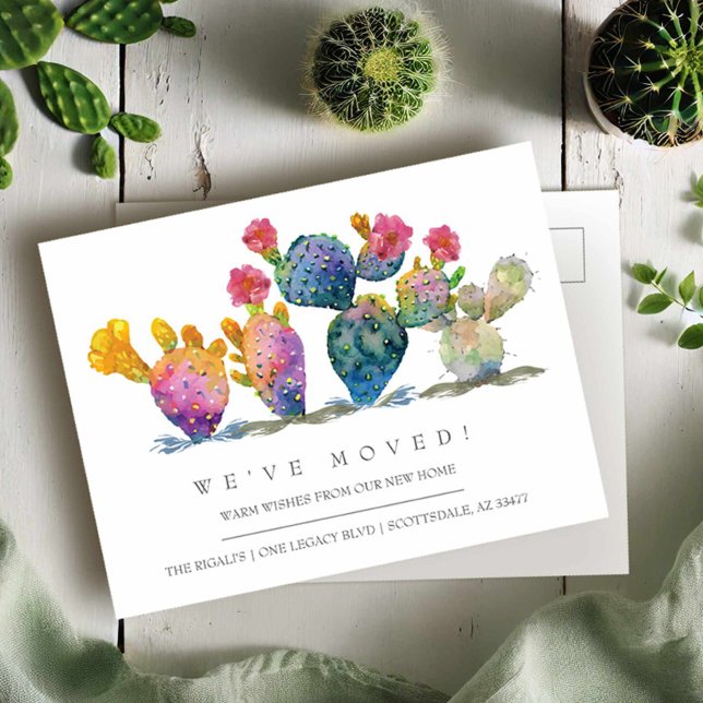 Wasserfarbenkaktus Neue Ankündigung zur Zuhause-Be Postkarte (Moving announcement postcards watercolor cactus by Victoria Grigaliunas)