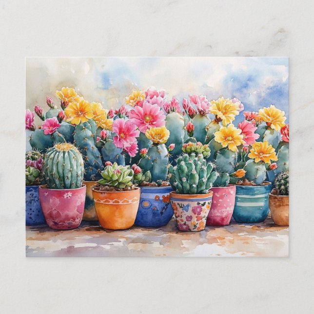 Wasserfarbenkaktus und Blume Postkarte (Vorderseite)