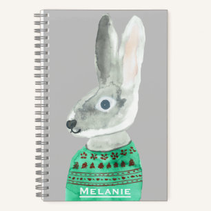 Wasserfarbenkaninchen in Sweater Grau Personalisie Notizbuch