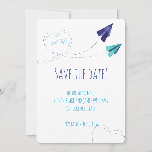 Wasserfarbenkarte für Papier-Flugzeug Save the Dat Date (Vorderseite)