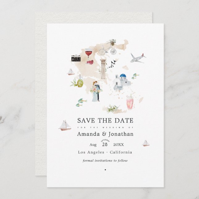 Wasserfarbenkarte Griechenland Hochzeit in Urlaubs Save The Date (Vorne/Hinten)