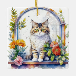 Wasserfarbenkatze im Blumenfenster Personalisiert Keramikornament