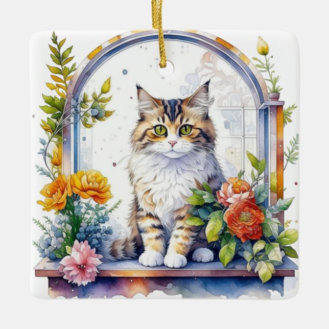 Wasserfarbenkatze im Blumenfenster Personalisiert Keramikornament (Vorderseite)