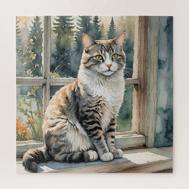 Wasserfarbenkatze im Fensterrahmen Puzzle (Vertikal)