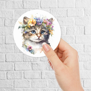 Wasserfarbenkatze mit Blume Runder Aufkleber