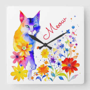Wasserfarbenkatze und Blume Meow Quadratische Wanduhr
