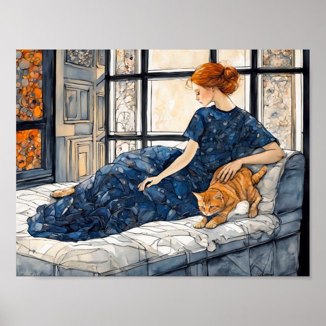 Wasserfarbenkatze und Frauen nach Fenster Poster (Vorne)