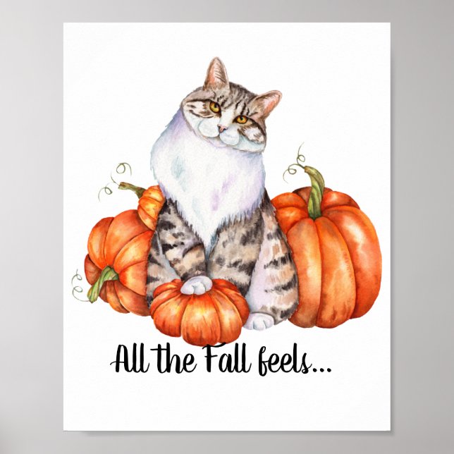 Wasserfarbenkatze und Pumpkins fallen Federn Poster (Vorne)