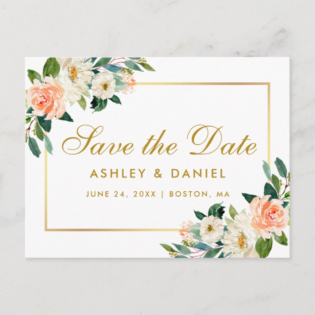 Wasserfarbenkoralle - Floral Gold Save the Date Ankündigungspostkarte (Vorderseite)