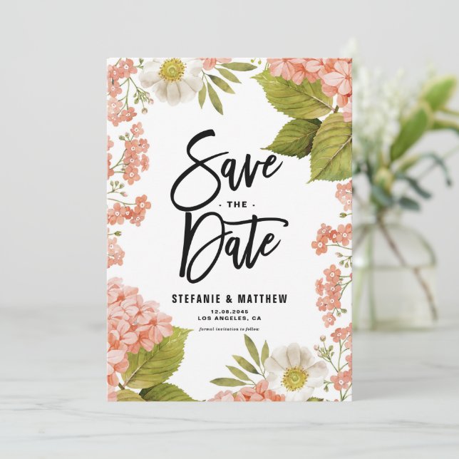 Wasserfarbenkorallen Hydrangea Floral Save The Date (Stehend Vorderseite)