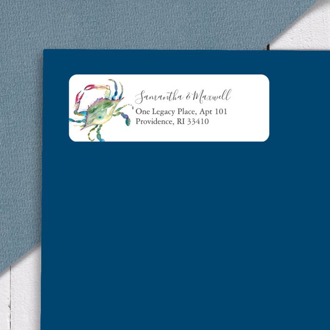 Wasserfarbenkrabbe Nautische Rücksendeadressen-Auf (Return address labels nautical watercolor blue crab art by Victoria Grigaliunas)