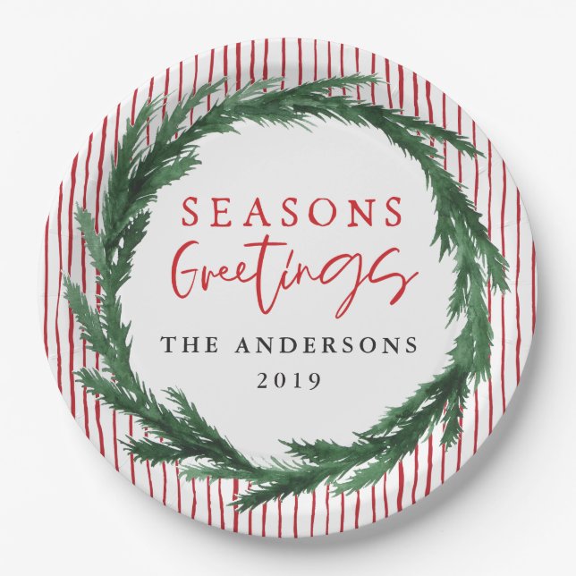 Wasserfarbenkranz + Streifen Weihnachtsfeiertag Pappteller (Vorderseite)