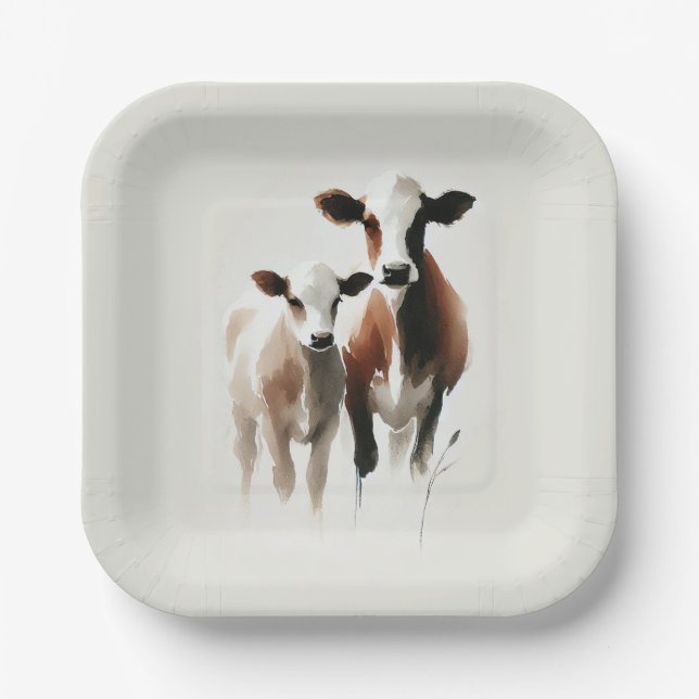 Wasserfarbenkühe Minimale rustikale Hochzeit Pappteller (Vorderseite)