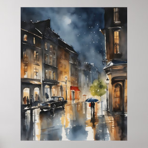 Wasserfarbenkunst in der Stadt Rainy Poster