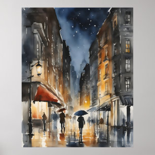 Wasserfarbenkunst in der Stadt Rainy Poster