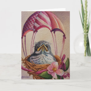 Wasserfarbenkunst: Jungvogel mit rosa Fallschirm Karte