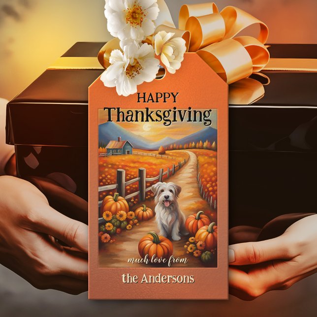 Wasserfarbenkürbis Herbst Erntedank Landschaft Geschenkanhänger (Colorful Thanksgiving gift tag featuring a painting of a cute dog in autumn with pumpkins)