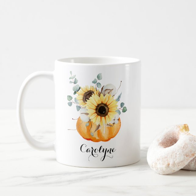 Wasserfarbenkürbis mit Sonnenblumen Personalisiert Kaffeetasse (Mit Donut)