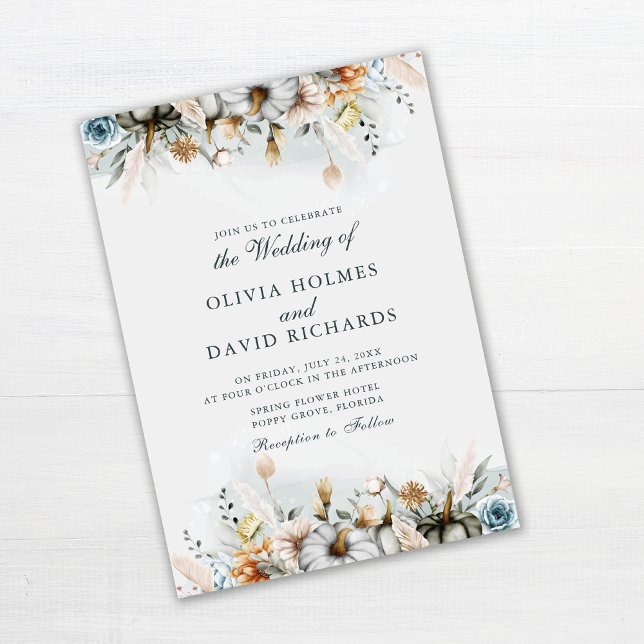 Wasserfarbenkürbis mit Wildblumen Hochzeit Einladung (Watercolor Pumpkins with Wildflowers Wedding Invitation on white wooden table.)