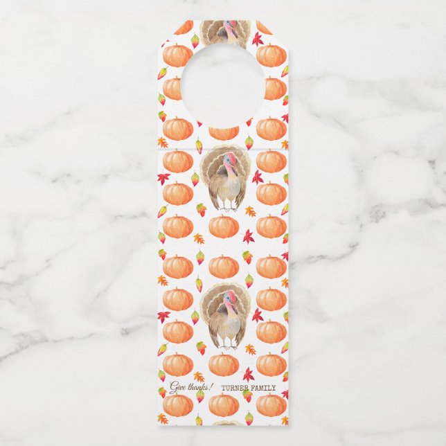Wasserfarbenkürbis Türkei Pattern Erntedank Flaschenanhänger (Vorderseite)