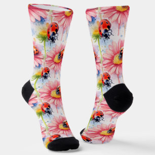 Wasserfarbenladybugs auf Blume Socken
