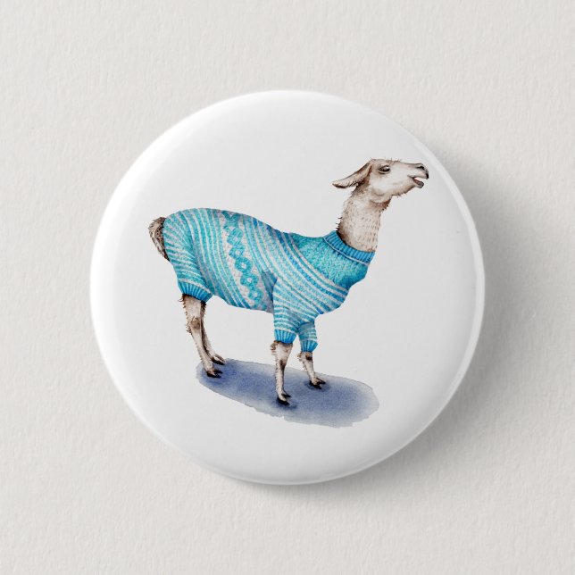 Wasserfarbenlama in blauem Pullover Button (Vorderseite)