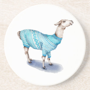 Wasserfarbenlama in blauem Pullover Getränkeuntersetzer