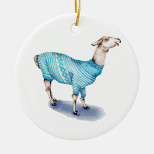 Wasserfarbenlama in blauem Pullover Keramik Ornament