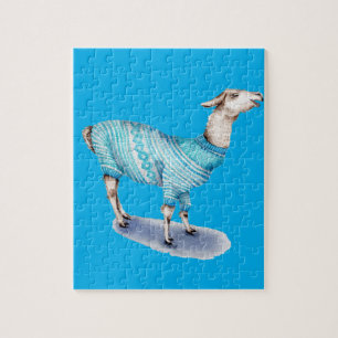 Wasserfarbenlama in blauem Pullover Puzzle