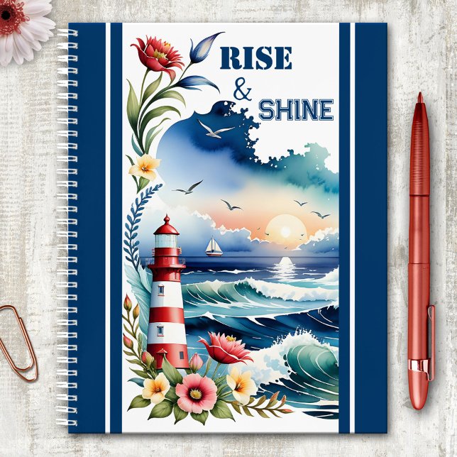 Wasserfarbenlampe Strand Wassersportzentrum Notizbuch (Nautical notebook featuring a watercolor painting of a lighthouse with colorful flowers at sunrise)