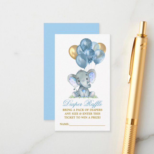 Wasserfarbenlephant Blue Balloons Diaper Raffel Begleitkarte (Vorderseite/Rückseite Beispiel)