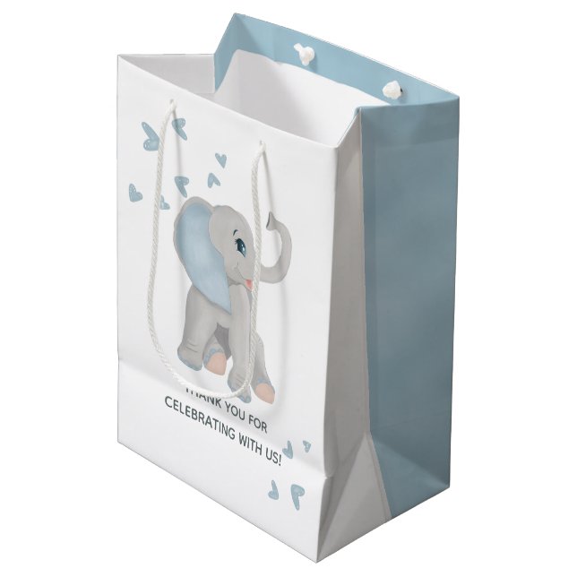 Wasserfarbenlephant Boy Blue Baby Dusche Beutel Mittlere Geschenktüte (Vorderseite Schrägansicht)