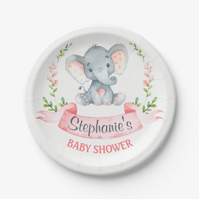 Wasserfarbenlephant Girl Babydusche Pappteller (Vorderseite)